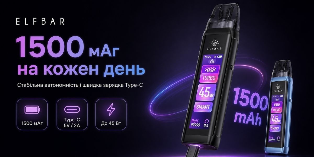 Акумулятор 1500 мАг і Type-C 5V 2A ELFBAR ELFX Ultra