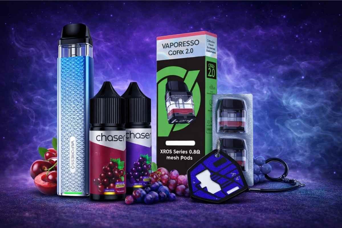 Лакшері набір Vaporesso XROS 3 Mini: pod-система, картриджі, дві рідини Chaser, кабель Type-C та відкривачка