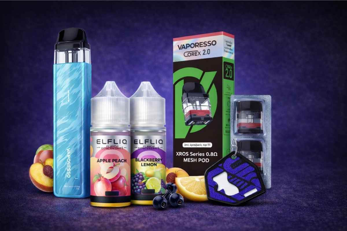 Лакшері набір Vaporesso XROS 5 Mini: девайс, картриджі, дві рідини ELF LIQ, кабель Type-C та відкривачка