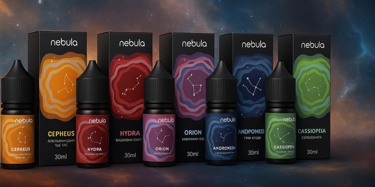 Флакони серії Nebula в один ряд на градієнті