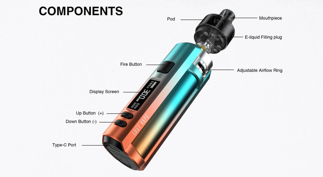 Lost Vape Ursa Mini — фронтальный ракурс с экраном