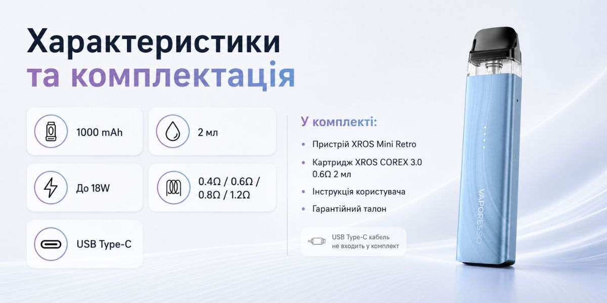Характеристики та комплектація Vaporesso XROS Mini Retro
